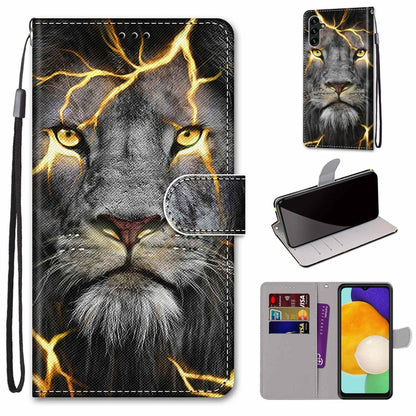 Printed leather phone wallet case with lanyard, flip cover, card slots; lion face with gold lines.