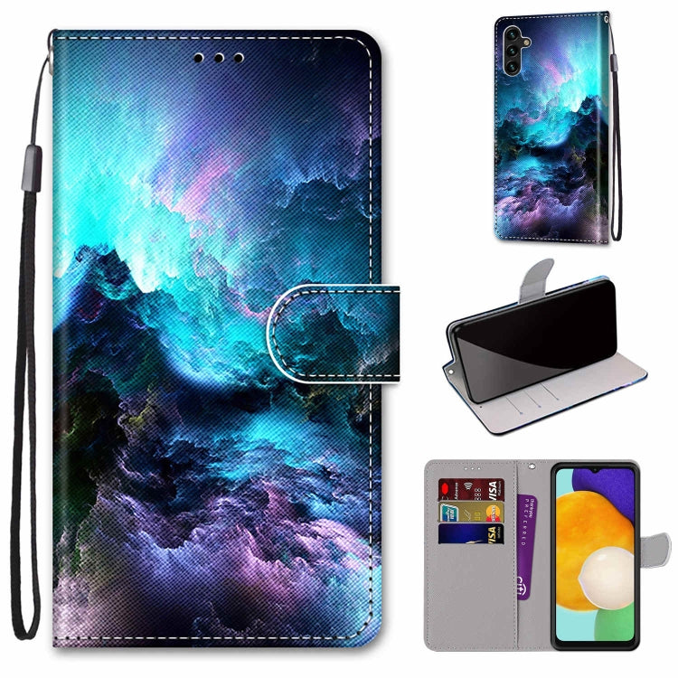 Printed leather phone wallet case with lanyard, flip cover, card slots; blue galaxy mountain design.