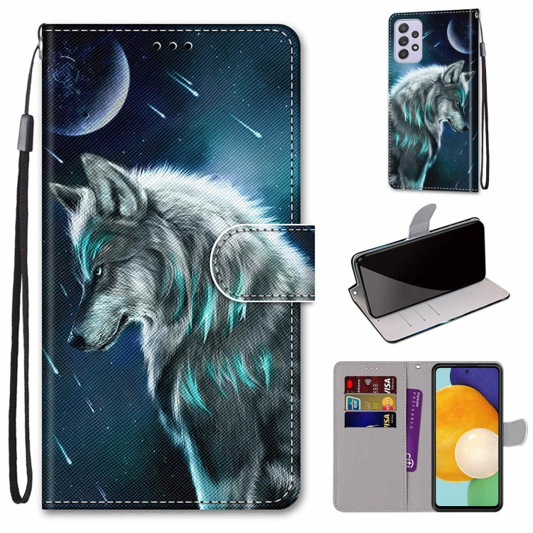 Printed leather phone wallet case with lanyard, flip cover, card slots; blue wolf under stars.