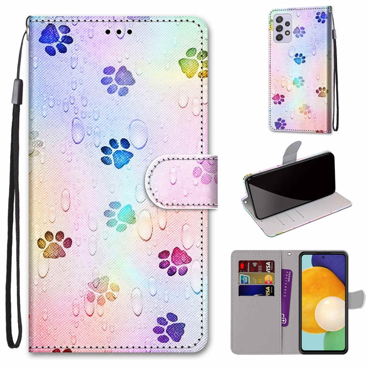 Printed leather phone wallet case with lanyard, flip cover, card slots; colorful paw prints design.