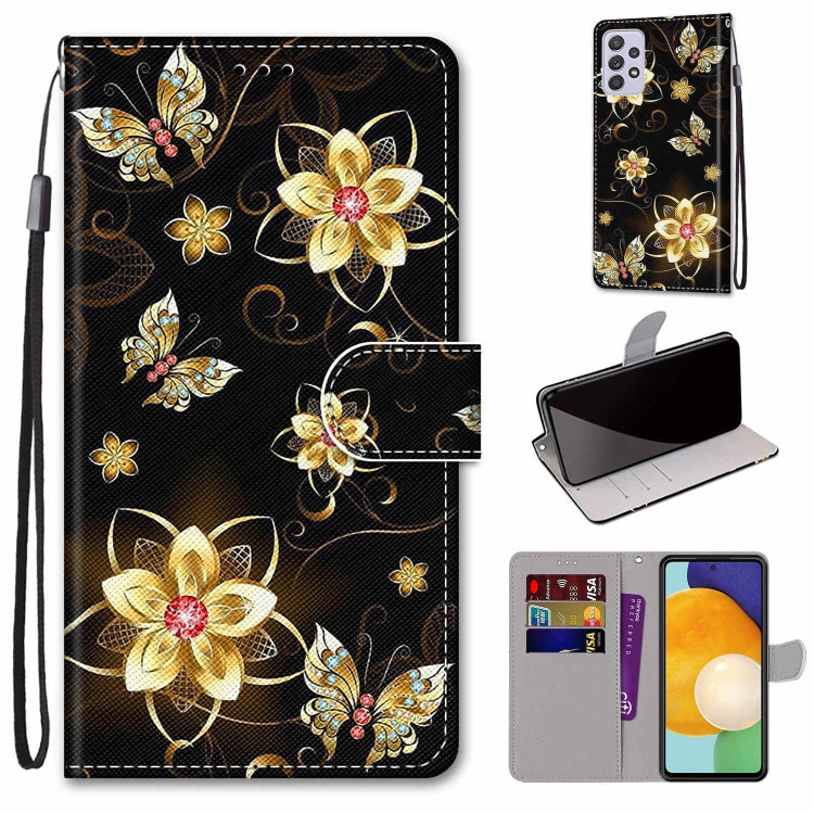 Black leather phone wallet case with gold butterfly and flower pattern, card slots and flap