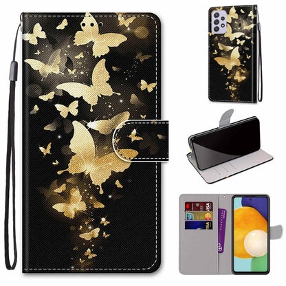 Black leather phone wallet case with gold butterfly and star pattern, card slots and flap