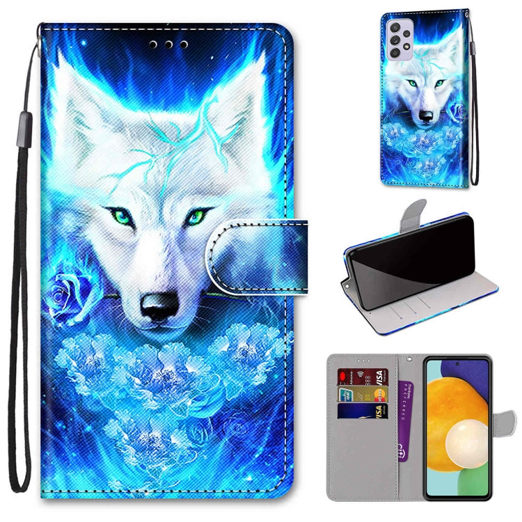 Leather phone wallet case with lanyard, blue wolf illustration, flip cover and card slots