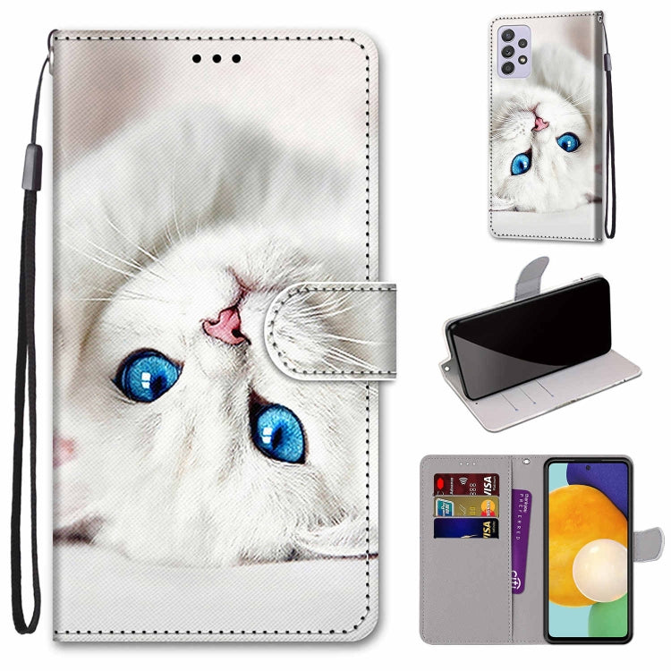 Leather phone wallet case with lanyard, white cat portrait, flip cover and card slots