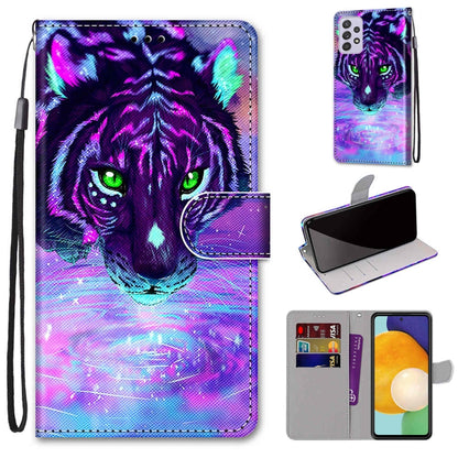 Leather phone wallet case with lanyard, purple big cat illustration, flip cover and card slots