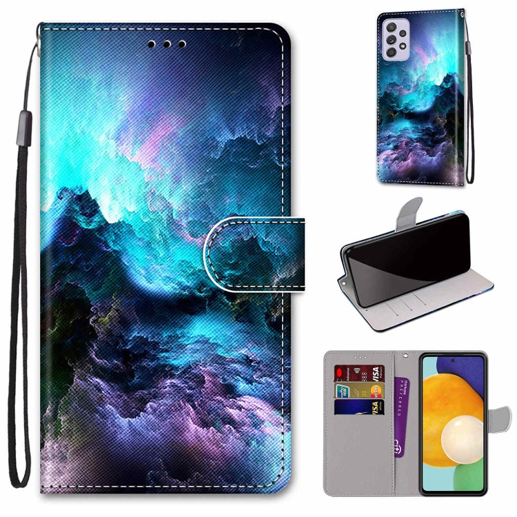 Leather phone wallet case with lanyard, blue galaxy landscape, flip cover and card slots