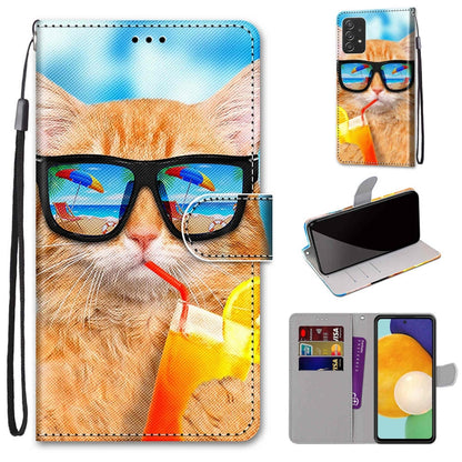 Leather phone wallet case with lanyard, sunglasses cat illustration, flip cover and card slots