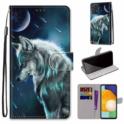 Leather phone wallet case with lanyard, blue wolf illustration, flip cover and card slots