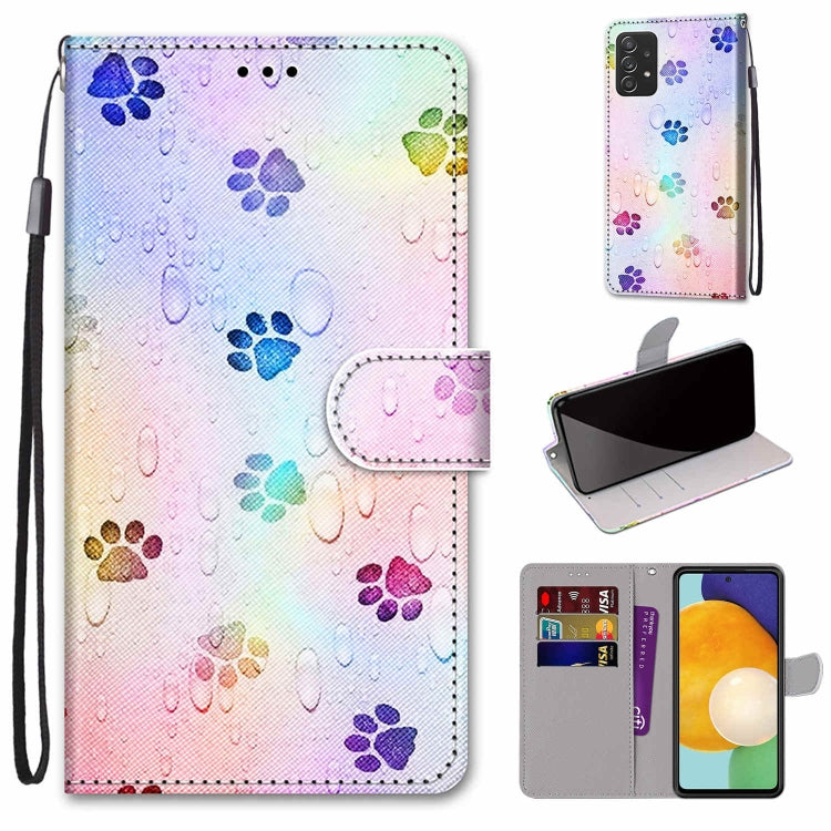 Leather phone wallet case with lanyard, multicolor paw print pattern, flip cover and card slots