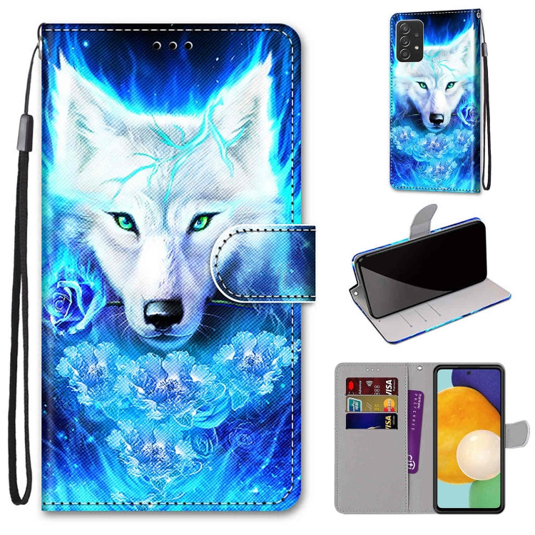 Leather phone wallet case with flip cover, blue wolf illustration, card slots, lanyard strap.