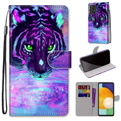 Leather phone wallet case with flip cover, purple tiger illustration, card slots, lanyard strap.