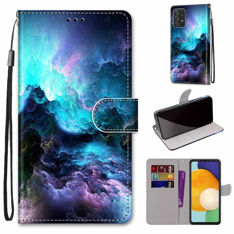 Leather phone wallet case with flip cover, galaxy blue nebula pattern, card slots, lanyard strap.