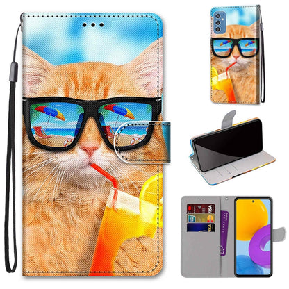 Leather phone wallet case with flip cover, orange cat with sunglasses, card slots, lanyard strap.
