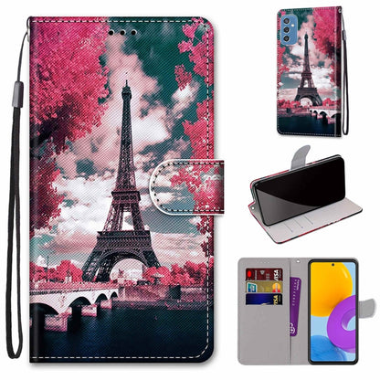 Leather phone wallet case with flip cover, Eiffel Tower illustration, card slots, lanyard strap.