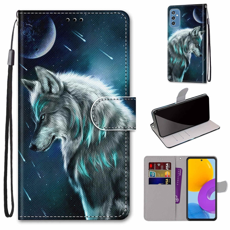 Leather phone wallet case with flip cover, blue wolf howling illustration, card slots, lanyard strap.