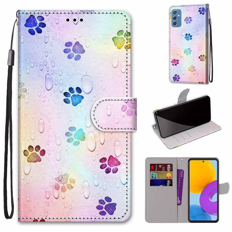 Leather phone wallet case with flip cover, colorful paw print pattern, card slots, lanyard strap.