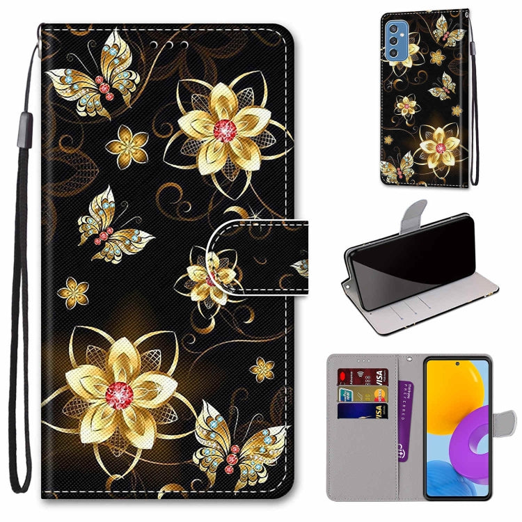 Leather wallet folio phone case with lanyard and card slots; gold flower and butterfly print