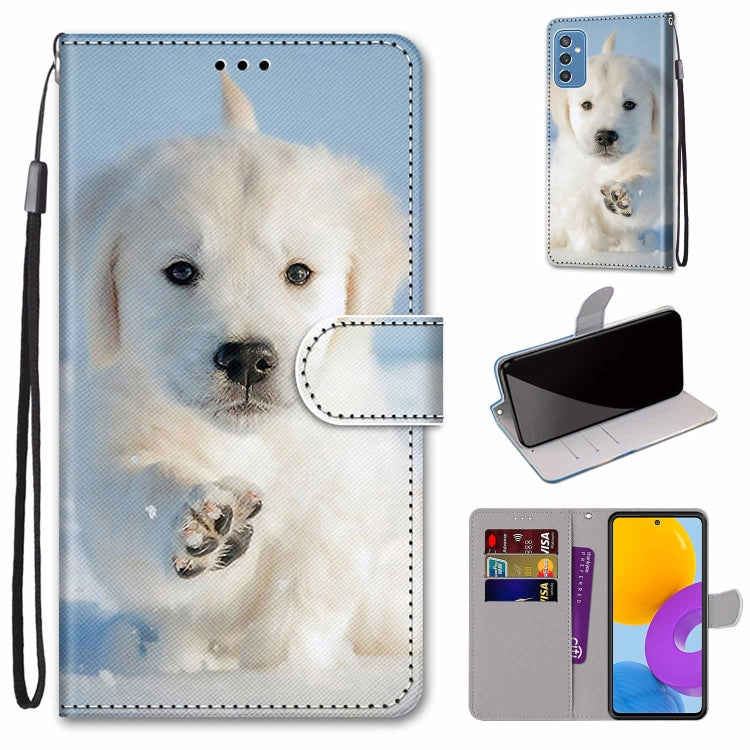 Leather wallet folio phone case with lanyard and card slots; white dog portrait print