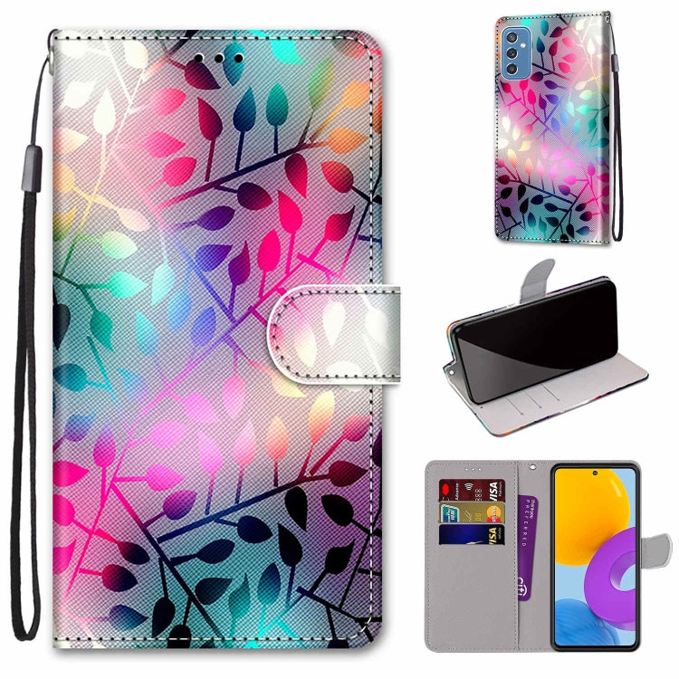 Leather wallet folio phone case with lanyard and card slots; multicolor leaf vine abstract print