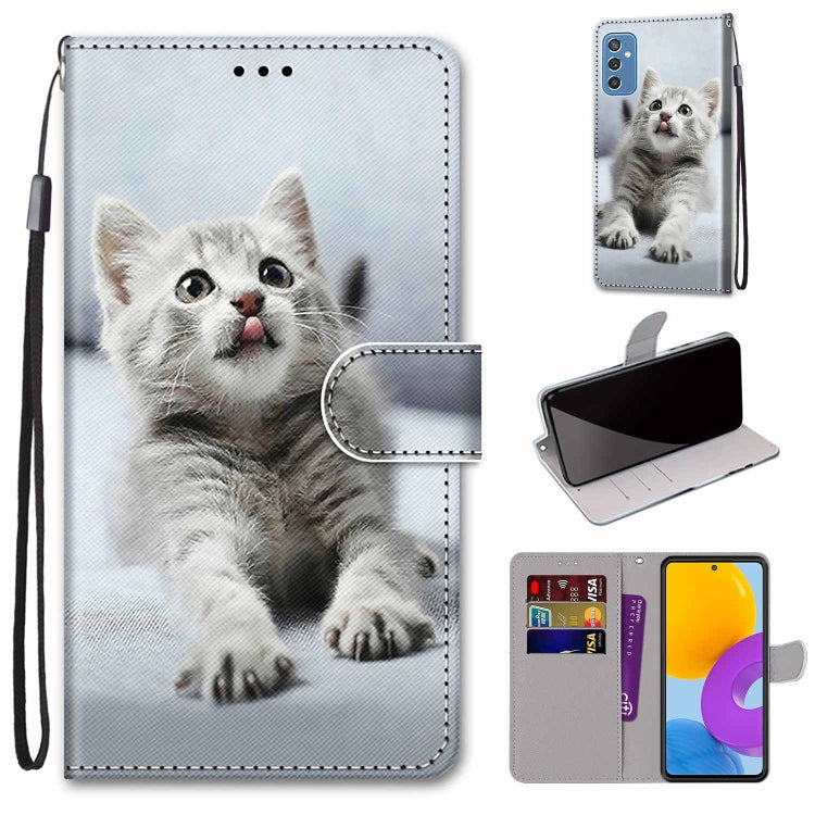 Leather wallet folio phone case with lanyard and card slots; light gray cat face print