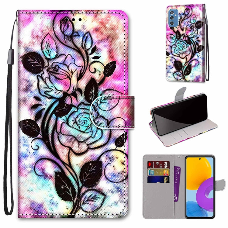 Leather wallet folio phone case with lanyard and card slots; colorful floral fantasy print