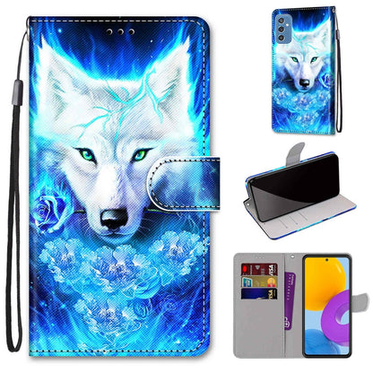Blue wolf printed leather flip phone case with card slots and wrist strap