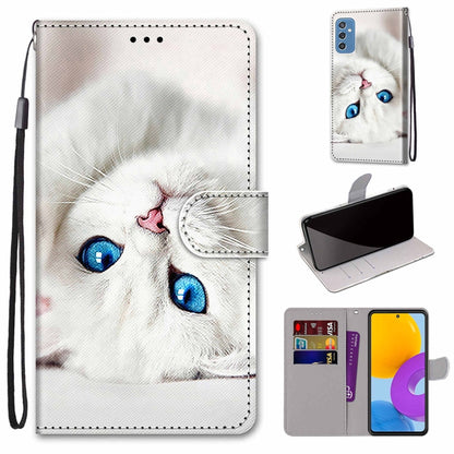 White cat printed leather flip phone case with card slots and wrist strap