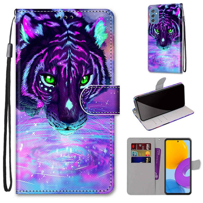 Purple tiger printed leather flip phone case with card slots and wrist strap