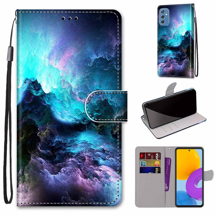 Blue abstract scene printed leather flip phone case with card slots and wrist strap