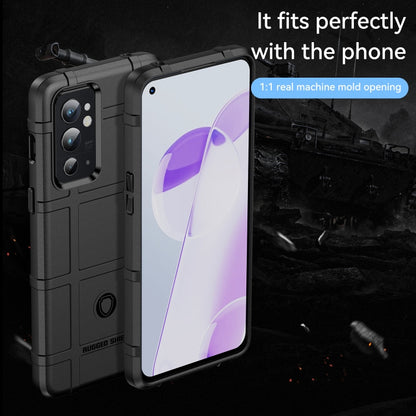 Black rugged TPU phone case with raised edges and side buttons, front and back view