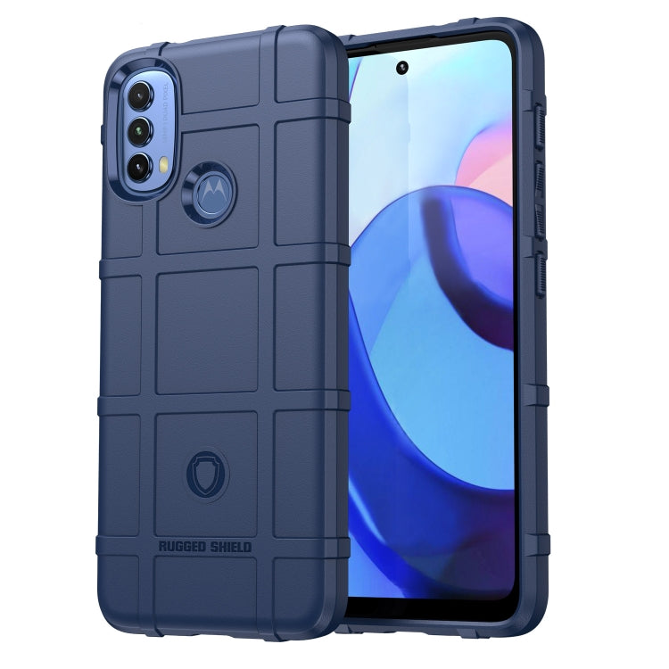 Rugged dark blue TPU phone case with textured panels, shockproof edges, and camera cutouts.