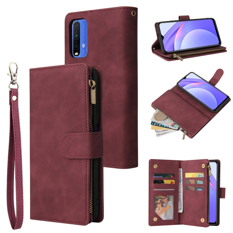 Wine red leather phone wallet case with card slots, zipper pouch, and wrist strap