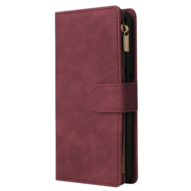 Wine red leather phone wallet case with side zipper and magnetic flap