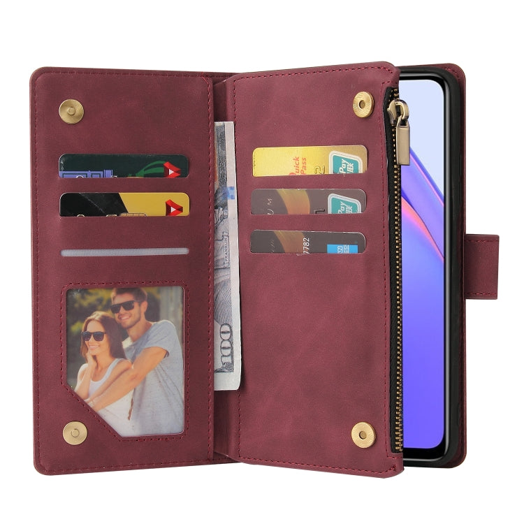 Wine red leather phone wallet case with card slots, photo window, and zipper closure