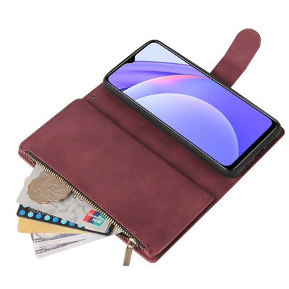 Wine red leather wallet-style phone case with zipper pocket and folio stand