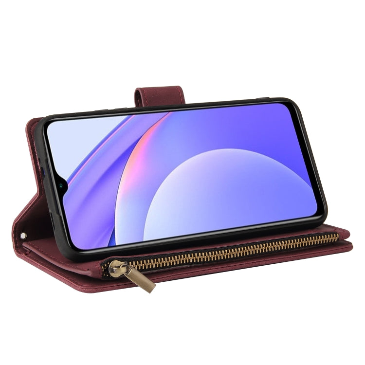 Wine red leather phone case with open folio and zipper pocket