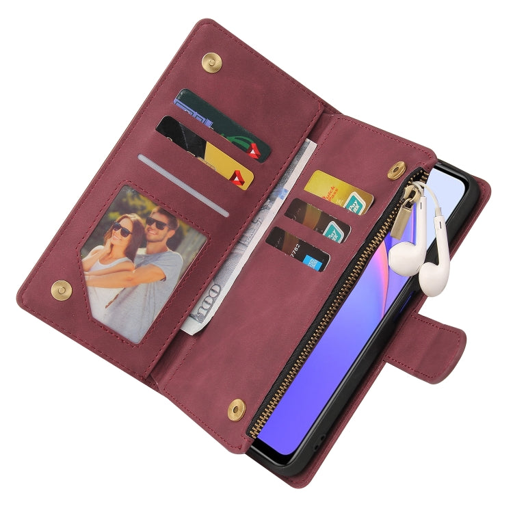 Wine red leather folio phone case with card slots, photo window, and zipper