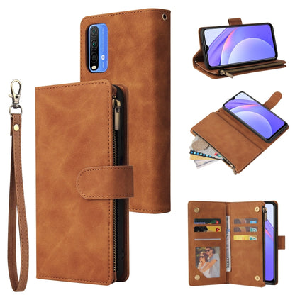 Brown leather phone wallet case with wrist strap, card slots, and zipper pocket