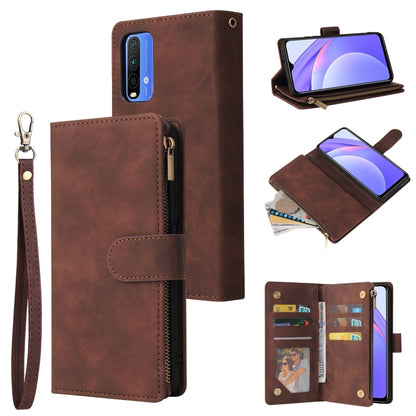 Wine-brown leather phone wallet case with wrist strap, card slots, and zipper pocket