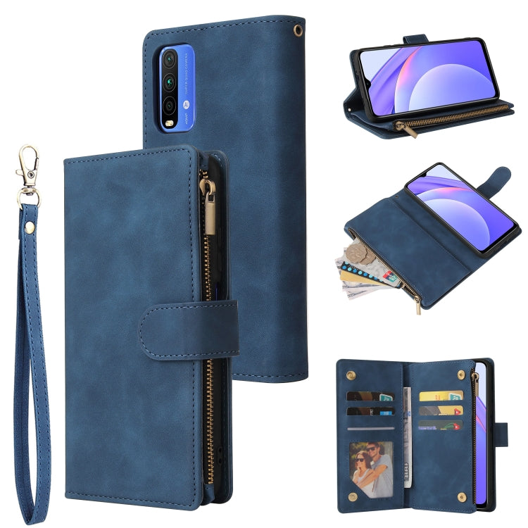 Blue leather phone wallet case with wrist strap, card slots, and zipper pocket
