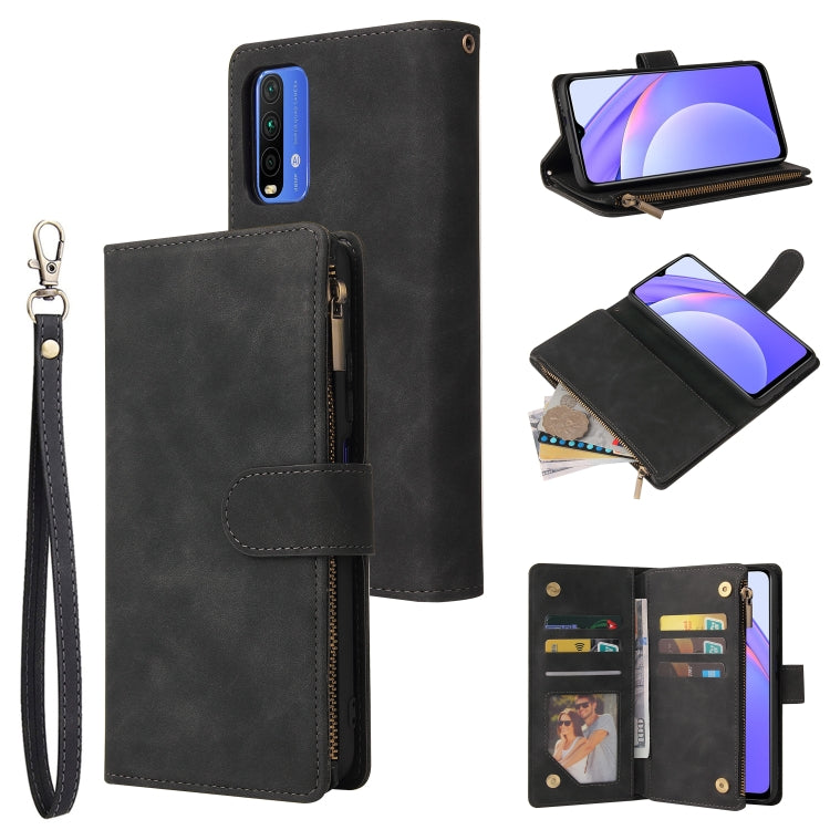 Dark leather phone wallet case with card slots, zipper pocket, wrist strap, and photo window