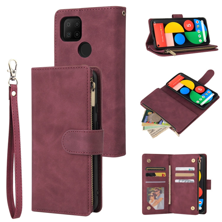 Wine red leather phone wallet case with card holder, zipper pocket, and wrist strap