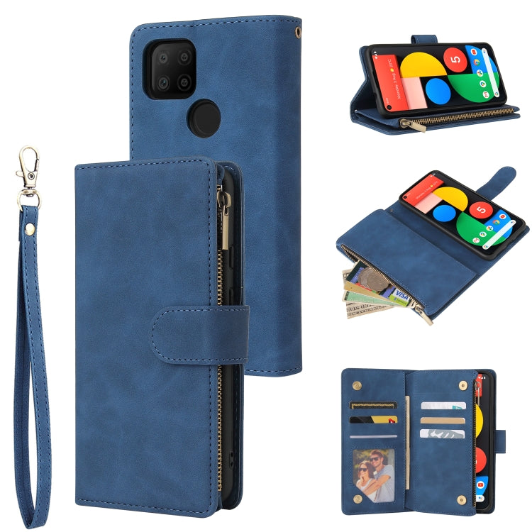 Blue leather phone wallet case with wrist strap, card holder, and zippered pocket