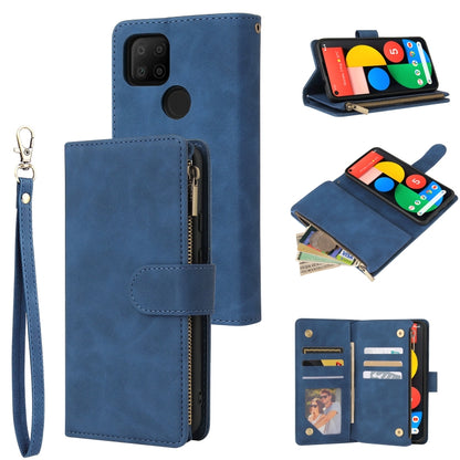 Blue leather phone wallet case with wrist strap, card holder, and zippered pocket