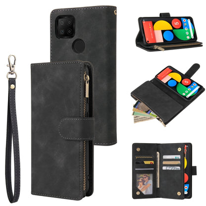 Black leather phone wallet case with card slots, zipper pocket, wrist strap, and photo window