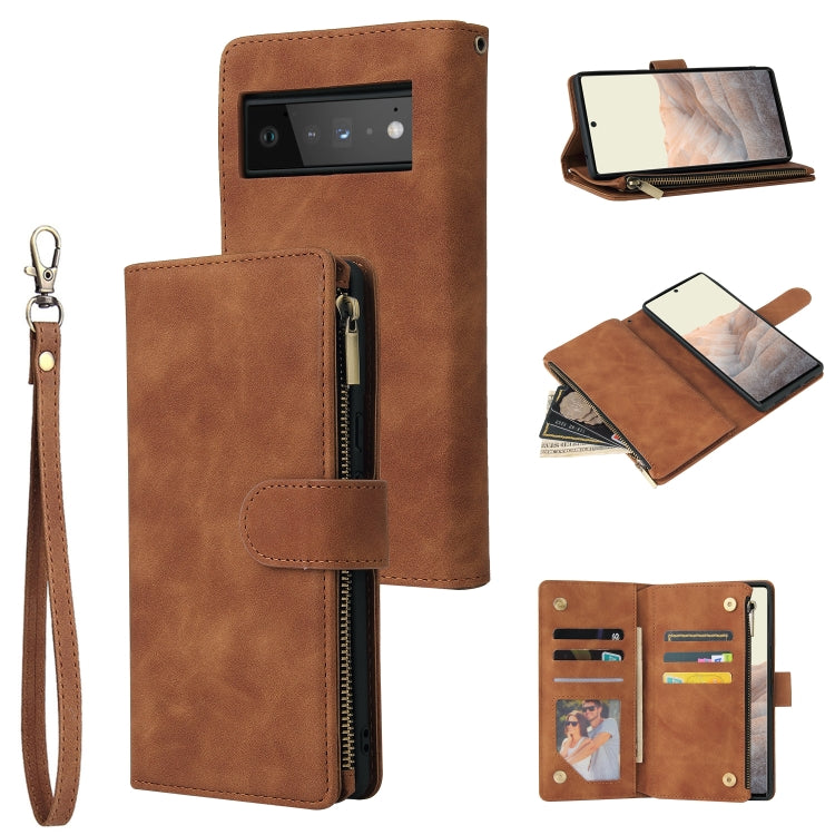 Brown leather phone wallet case with wrist strap, card slots, and zip pocket