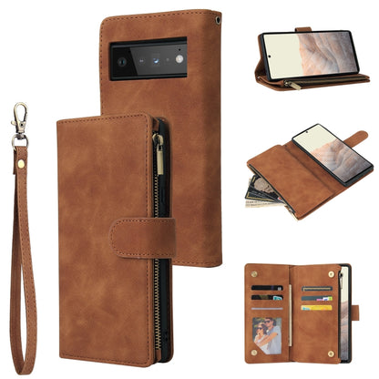 Brown leather phone wallet case with wrist strap, card slots, and zip pocket