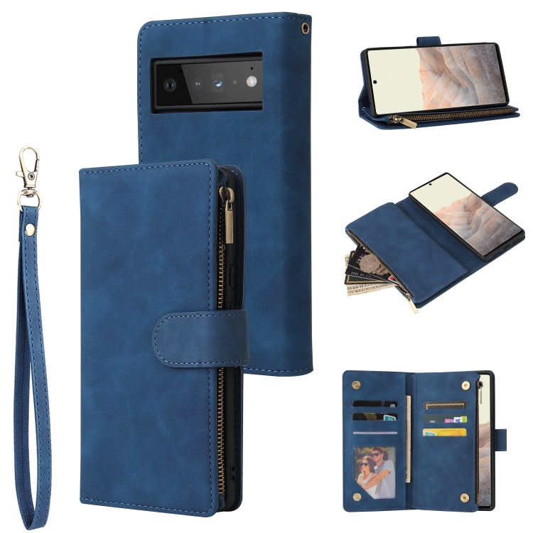 Blue leather phone wallet case with card slots, zipper pocket, wrist strap, and photo window