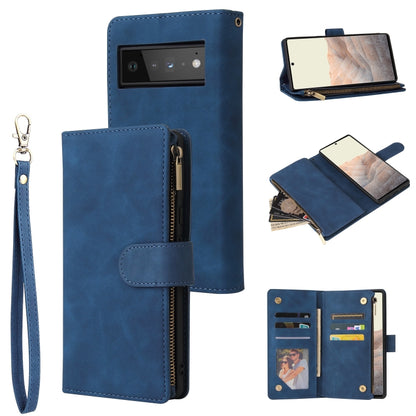 Blue leather phone wallet case with card slots, zipper pocket, wrist strap, and photo window