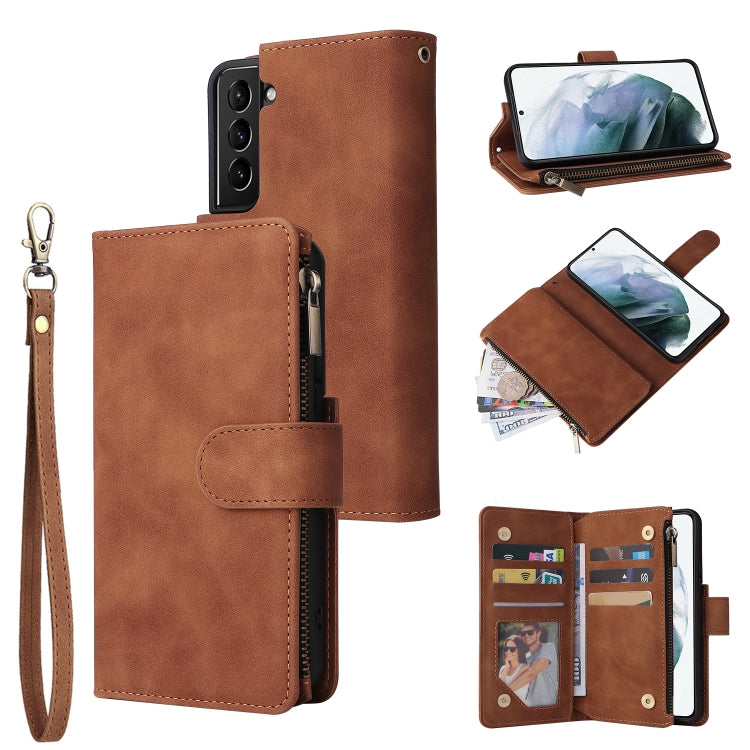 Brown leather phone wallet case with wrist strap, card holder, and zippered pocket